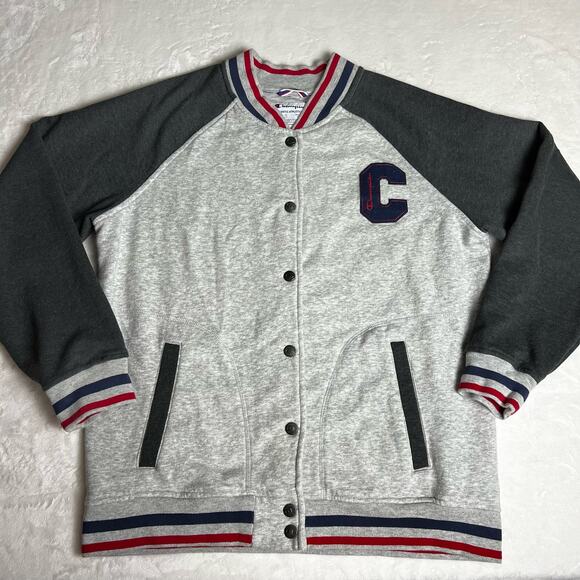 Champion women’s varsity bomber snap button Sweatshirt Jacket Sz L - Picture 1 of 10